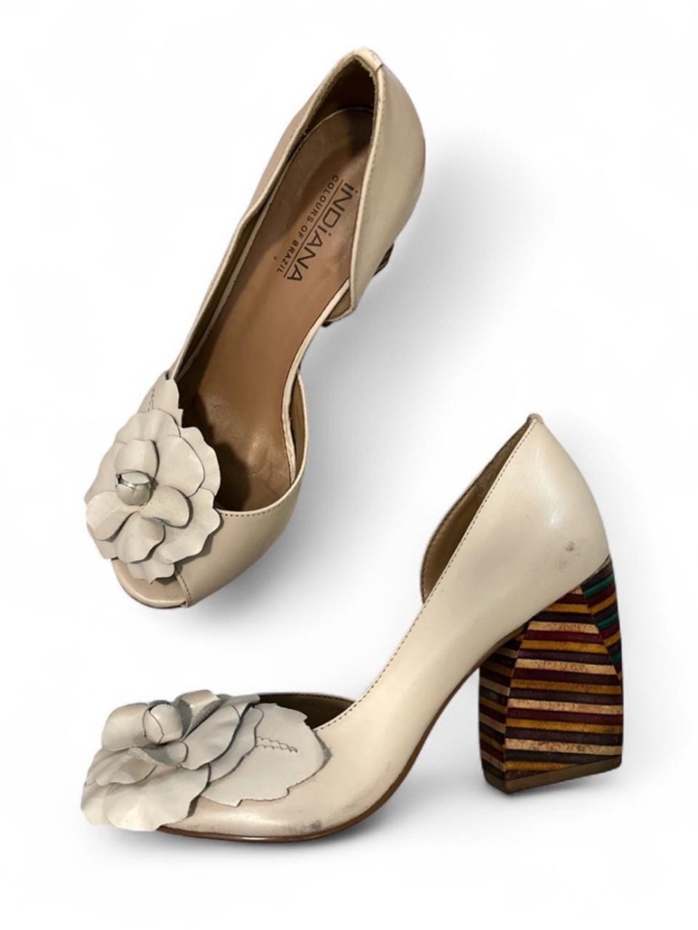 Cream Floral Block Heel Pumps Size 37